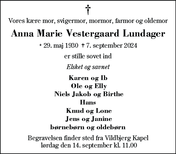 Dødsannonce for Anna Marie Vestergaard Lundager