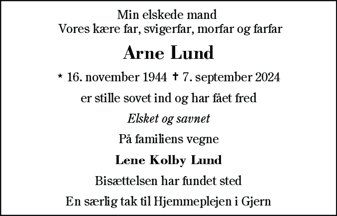 Dødsannonce for Arne Bent Hansen Lund