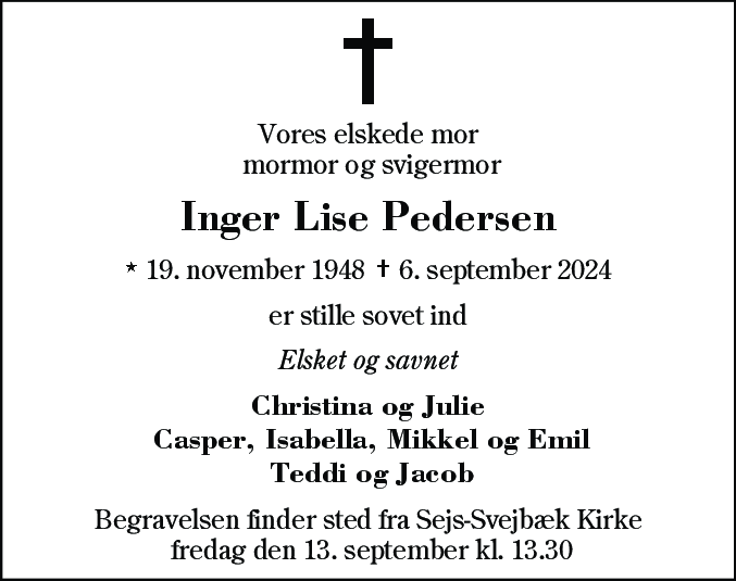 Dødsannonce for Inger Lise Pedersen