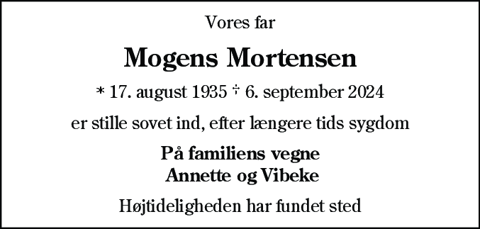 Dødsannonce for Mogens Mortensen