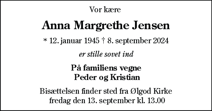 Dødsannonce for Anna Margrethe Jensen