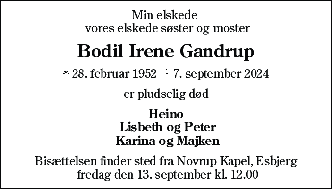 Dødsannonce for Bodil Irene Gandrup