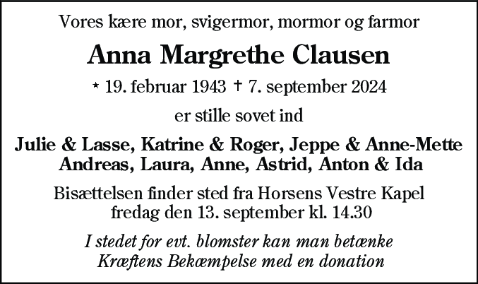 Dødsannonce for Anna Margrethe Clausen