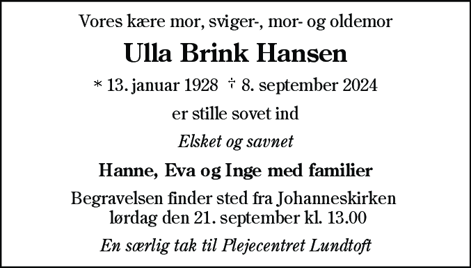 Dødsannonce for Ulla Brink Hansen