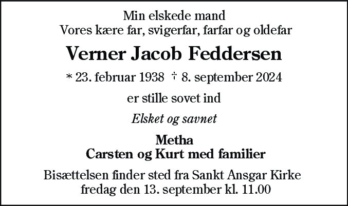 Dødsannonce for Werner Jacob Feddersen