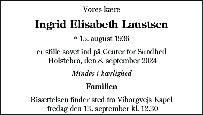 Dødsannonce for Ingrid Elisabeth Laustsen