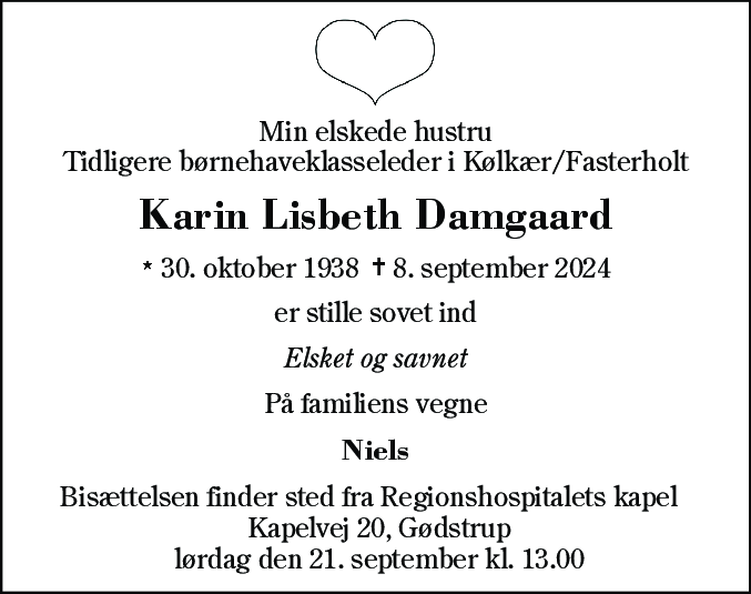 Dødsannonce for Karin Lisbeth Damgaard
