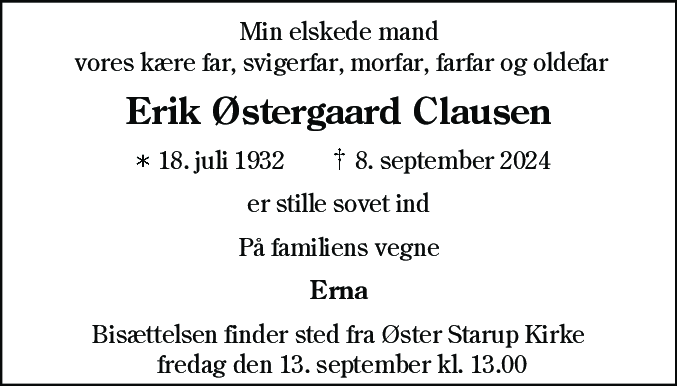 Dødsannonce for Erik Østergaard Clausen