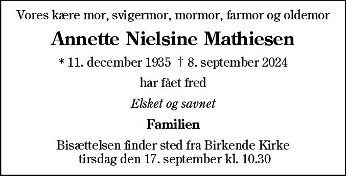 Dødsannonce for Annette Nielsine Mathiesen