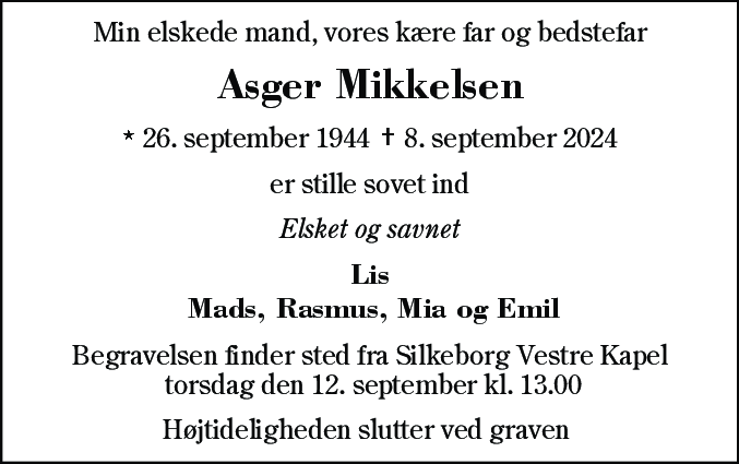 Dødsannonce for Asger Mikkelsen