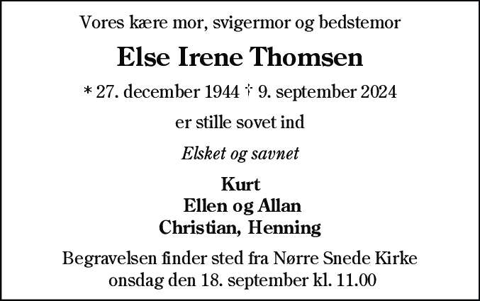 Dødsannonce for Else Irene Thomsen