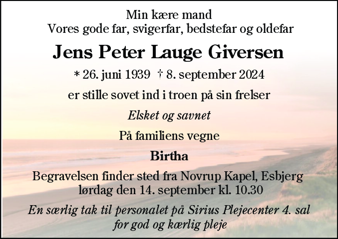 Dødsannonce for Jens Peter Lauge Giversen