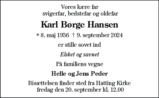 Dødsannonce for Karl Børge Hansen