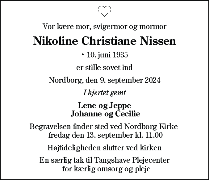 Dødsannonce for Nikoline Christiane Nissen