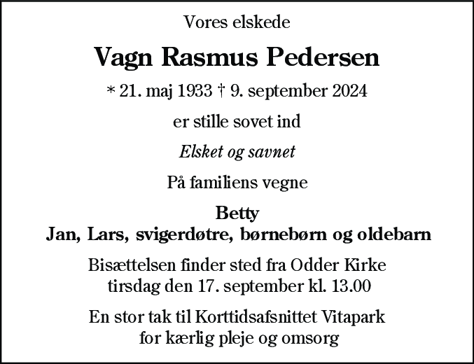 Dødsannonce for Vagn Rasmus Pedersen