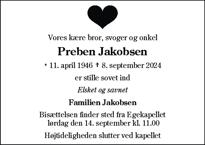 Dødsannonce for Preben Jakobsen
