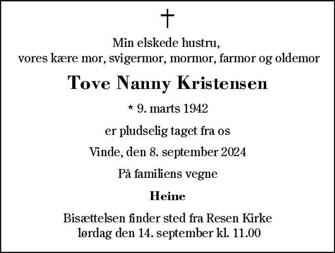 Dødsannonce for Tove Nanny Kristensen