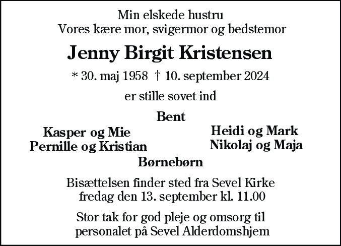 Dødsannonce for Jenny Birgit Kristensen