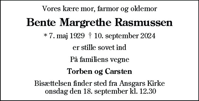 Dødsannonce for Bente Margrethe Rasmussen
