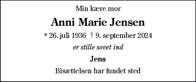 Dødsannonce for Anni Marie Jensen