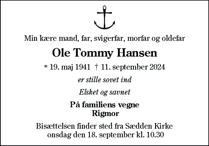 Dødsannonce for Ole Tommy Hansen
