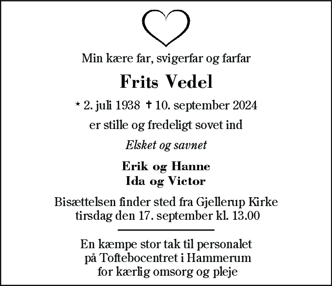 Dødsannonce for Frits Alfred Vedel
