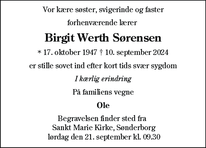 Dødsannonce for Birgit Werth Sørensen