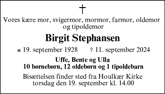 Dødsannonce for Birgit Stephansen