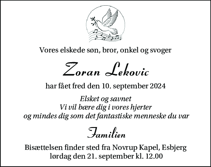 Dødsannonce for Zoran Lekovic