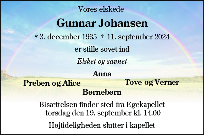Dødsannonce for Gunnar Johansen