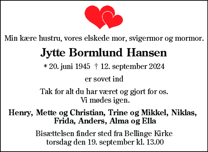 Dødsannonce for Jytte Bormlund Hansen