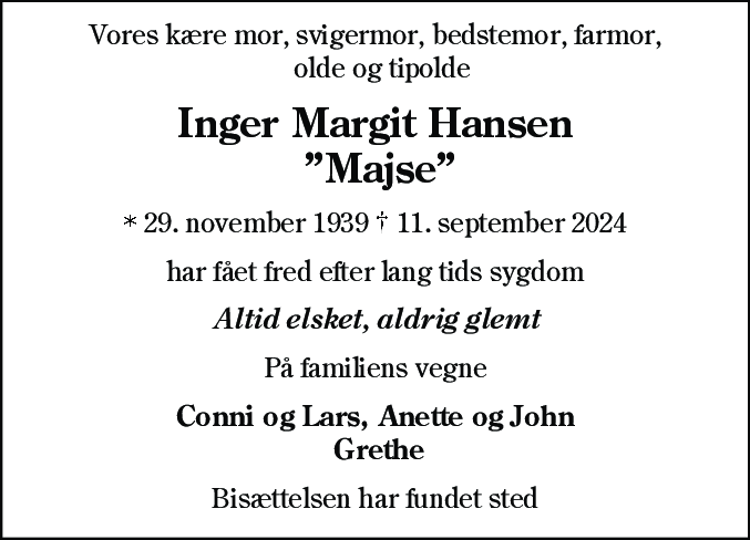 Dødsannonce for Inger Margit Hansen
