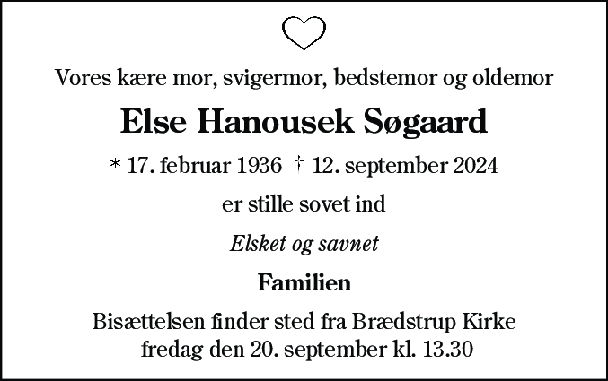 Dødsannonce for Else Hanousek Søgaard