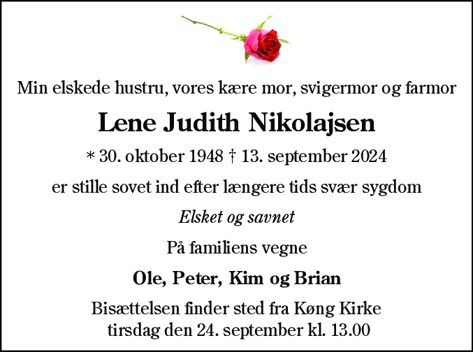 Dødsannonce for Lene Judith Nikolajsen