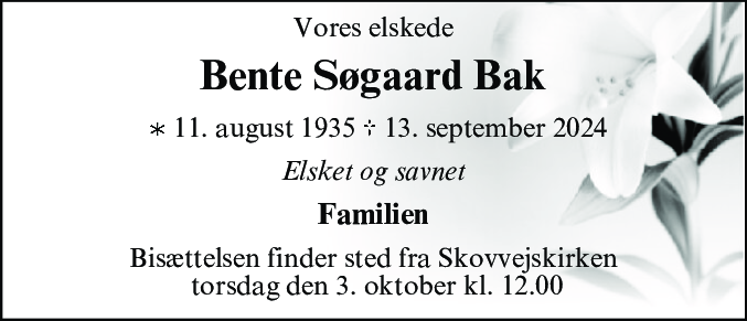 Dødsannonce for Bente Søgaard Bak