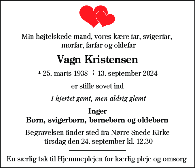 Dødsannonce for Vagn Erling Kristensen