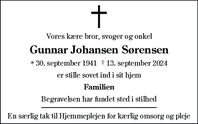 Dødsannonce for Gunnar Johansen Sørensen