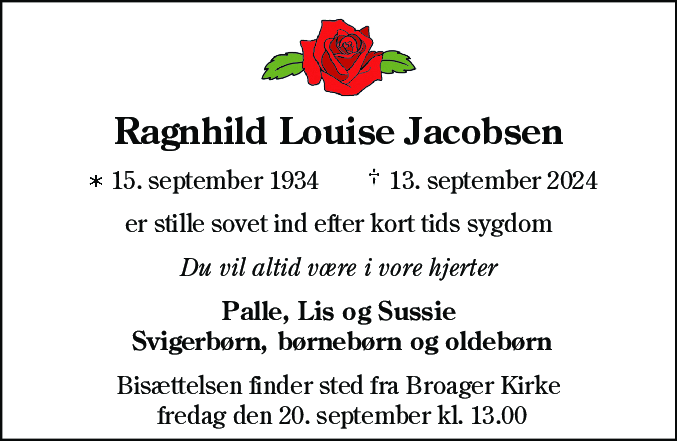 Dødsannonce for Ragnhild Louise Jacobsen