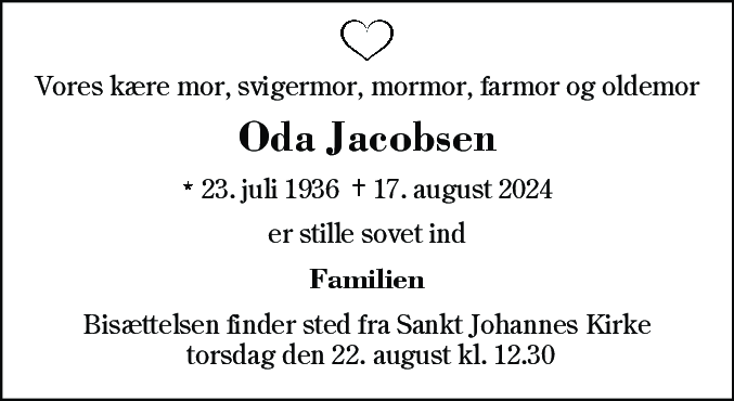 Dødsannonce for Oda Jacobsen