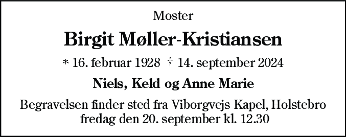 Dødsannonce for Birgit Møller-Kristiansen