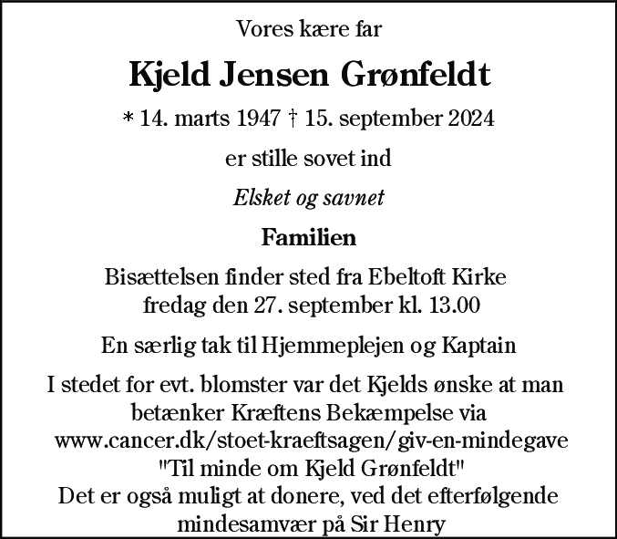 Dødsannonce for Kjeld Jensen Grønfeldt