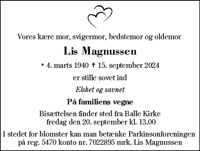 Dødsannonce for Lis Magnussen