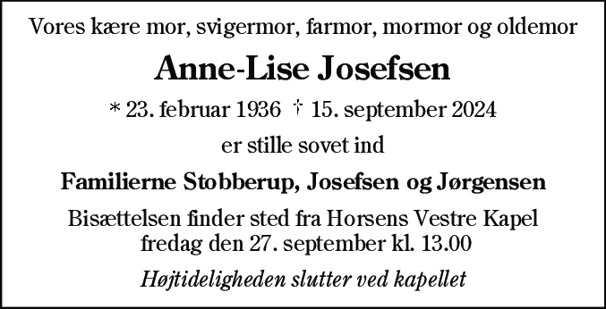 Dødsannonce for Anne-Lise Josefsen
