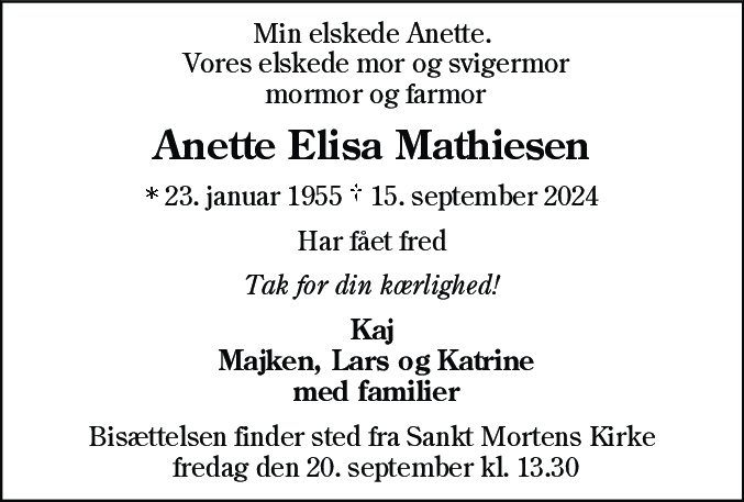 Dødsannonce for Anette Elisa Mathiesen