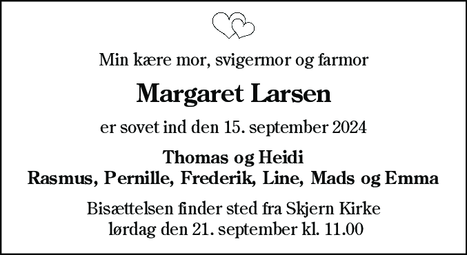 Dødsannonce for Margaret Larsen
