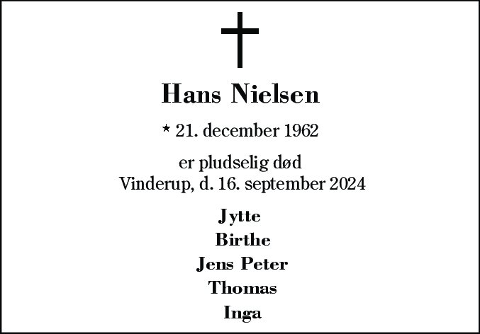 Dødsannonce for Hans Nielsen