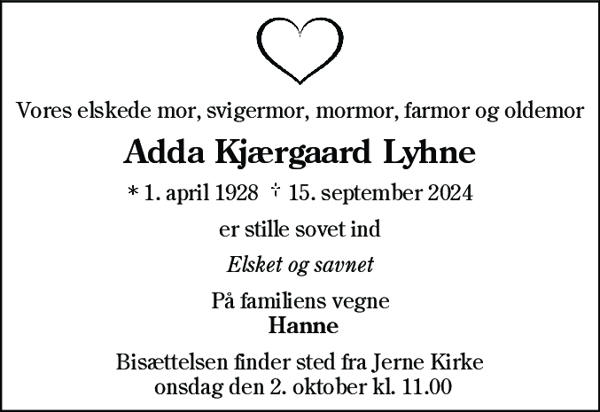 Dødsannonce for Adda Kjærgaard Lyhne