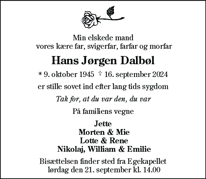 Dødsannonce for Hans Jørgen Dalbøll