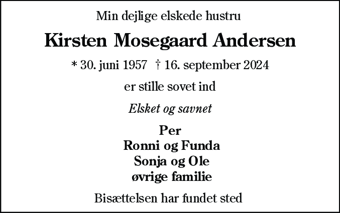 Dødsannonce for Kirsten Mosegaard Andersen