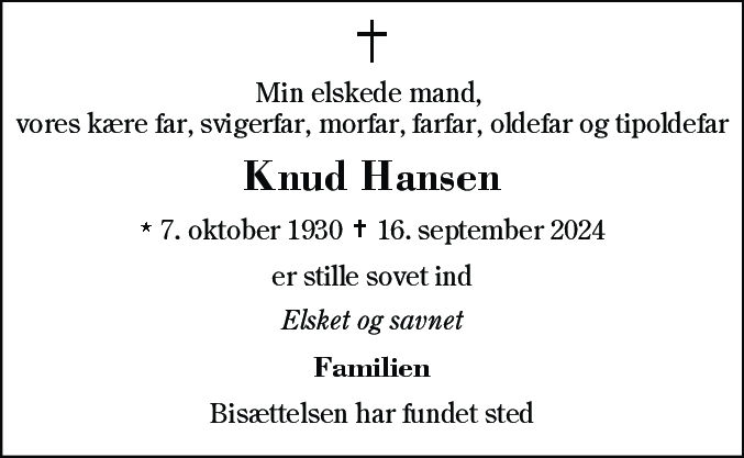 Dødsannonce for Knud Hansen